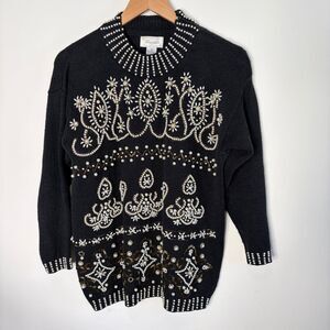 Vintage Margules Sweater Beaded Faux Pearl Black Mock Neck Craftcore Women Small